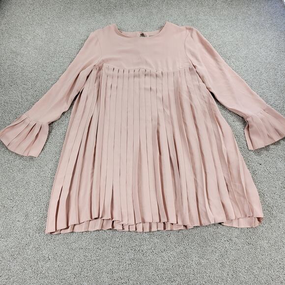 ASOS Womens Trapeze Dress 12 Pink Pleated Empire Waist Keyhole Bell Sleeve Mini - Picture 6 of 13